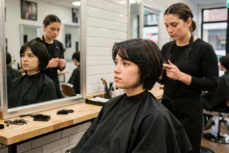 Jeune femme aux cheveux courts en transition assise dans un fauteuil de coiffeur, observant son reflet dans le miroir d'un salon moderne
