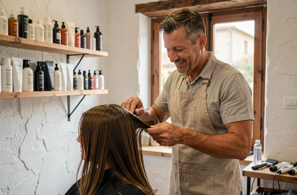Guillaume coiffeur à Frontignan appliquant une coloration sur une cliente dans son salon aux murs blanchis à la chaux