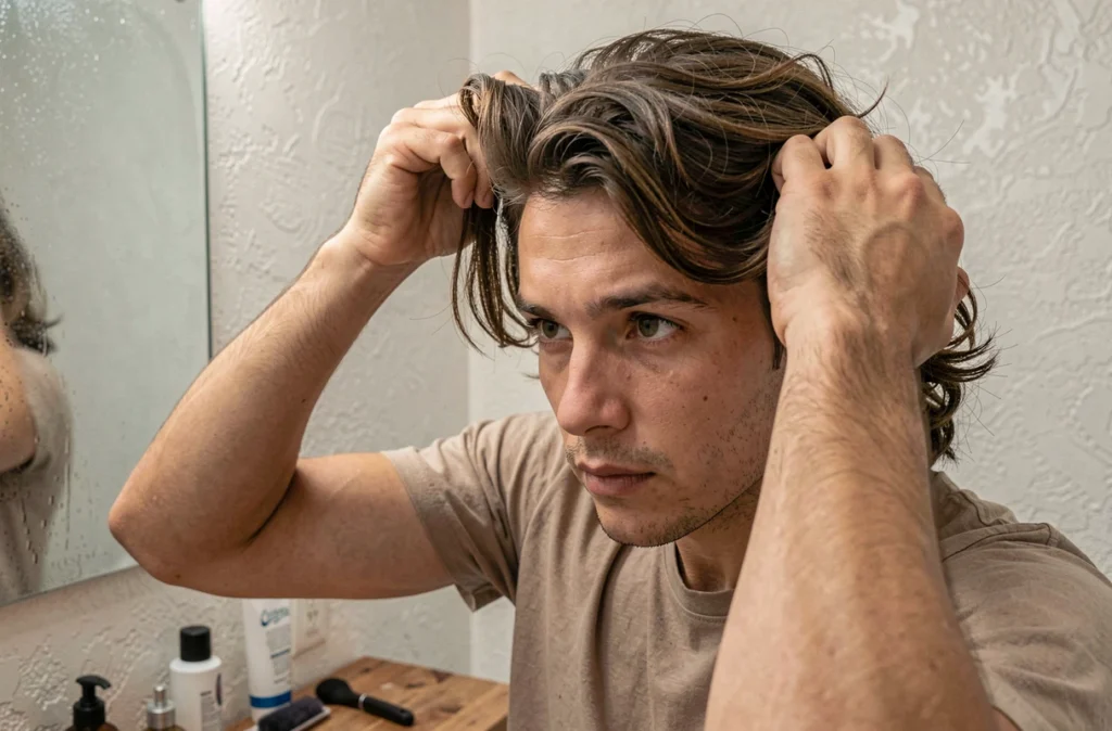 Homme aux cheveux en pousse mi-longs testant une coiffure devant son miroir de salle de bain avant une coupe à l'espagnole