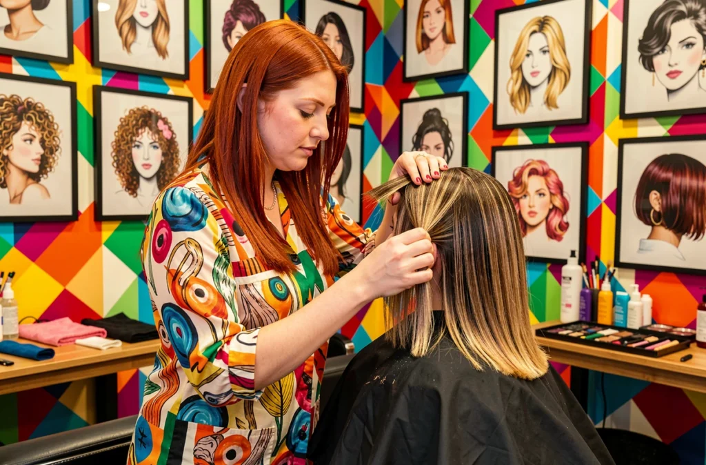Coiffeuse de Kristeliz Montpellier réalisant un balayage créatif dans un salon coloré aux murs artistiques