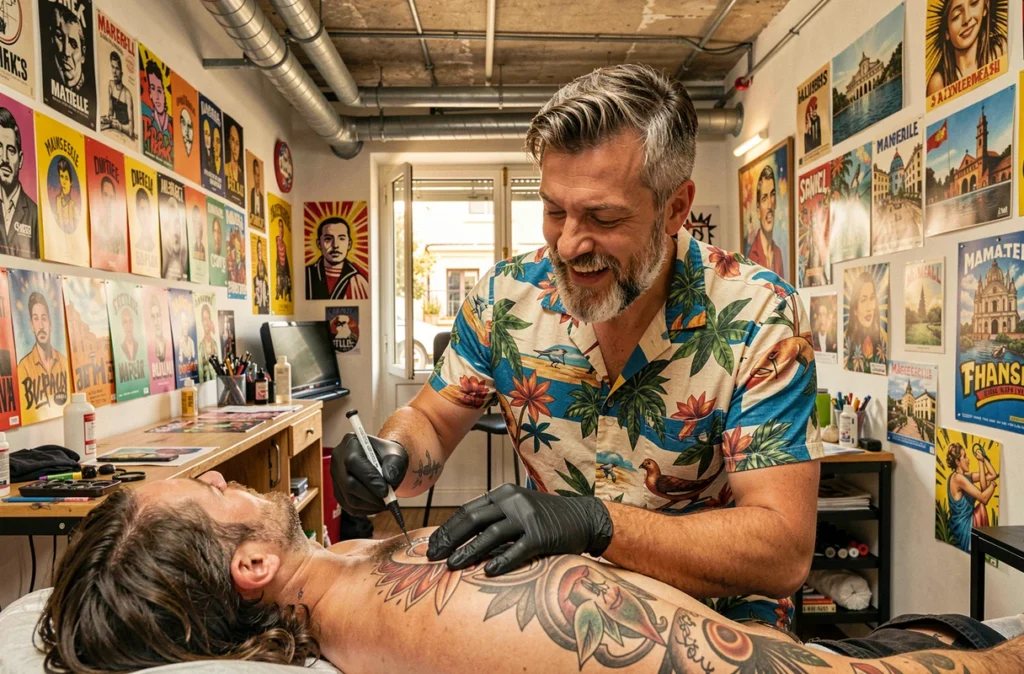 Tatoueur de Larry Tattoo Shop à Marseille travaillant sur un grand tatouage dans un studio coloré et éclectique au cœur de la ville