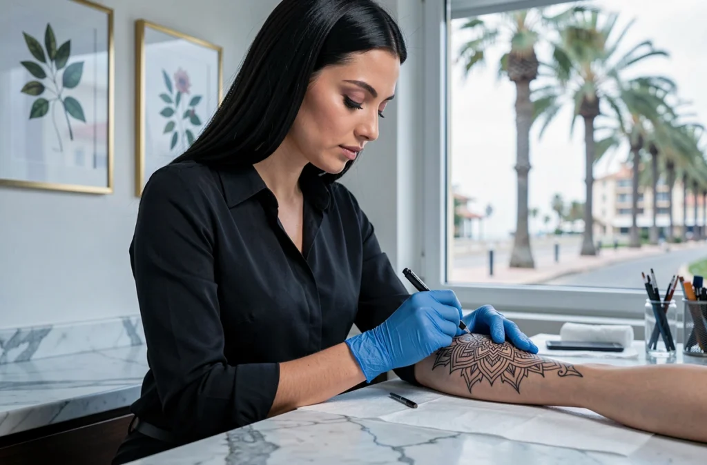 Tatoueuse spécialisée en ornementale à Juan-les-Pins appliquant un mandala délicat sur le poignet d'une cliente dans un studio sophistiqué