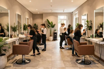 Intérieur d'un salon de coiffure moderne et élégant dans l'Hérault avec plusieurs postes de coiffage et coiffeurs au travail