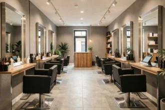 Intérieur élégant d'un salon de coiffure moderne dans les Hauts-de-France avec plusieurs postes de coiffage et miroirs encadrés de métal brossé
