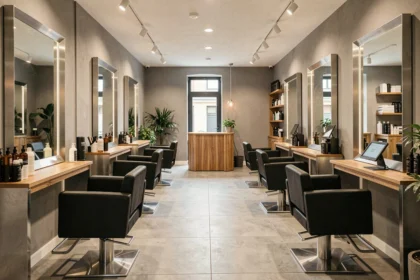 Intérieur élégant d'un salon de coiffure moderne dans les Hauts-de-France avec plusieurs postes de coiffage et miroirs encadrés de métal brossé