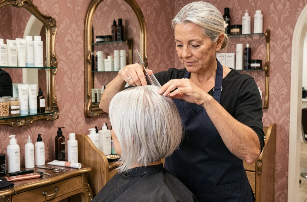 Coiffeuse de Milesi Coiffure à Castelnau-le-Lez coiffant avec précision une cliente aux cheveux courts argentés dans un salon élégant