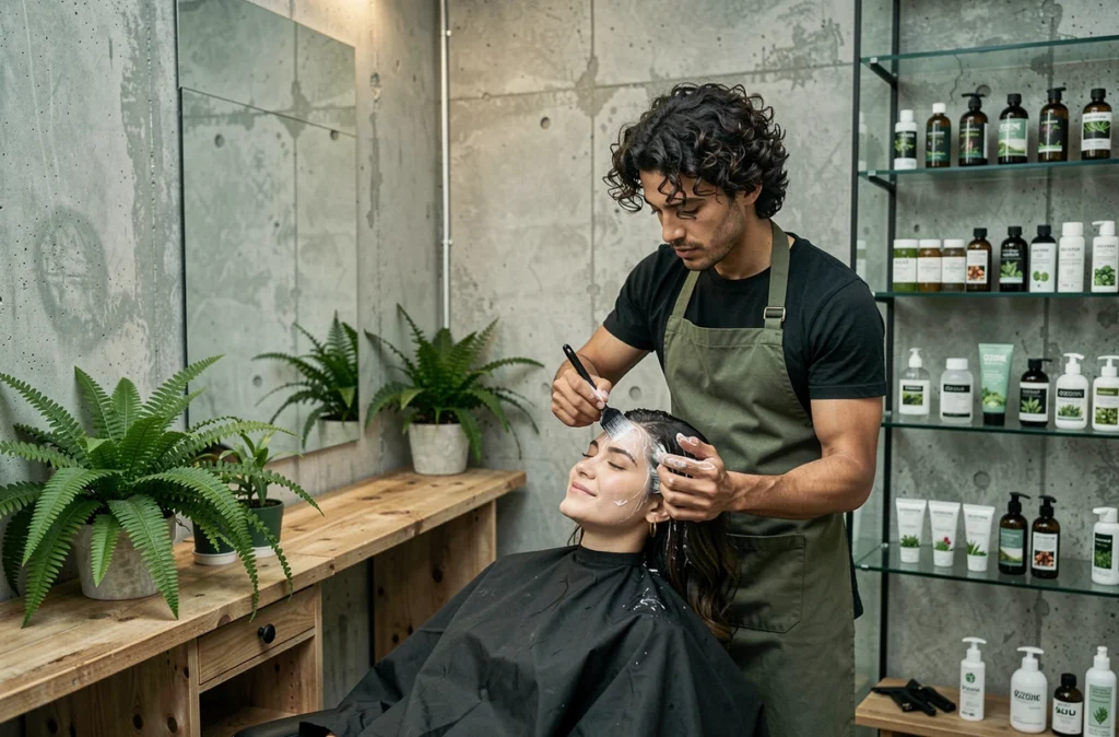 Coiffeur d'Ozone Studio BG appliquant un soin bio sur une cliente dans un salon éco-responsable au décor naturel