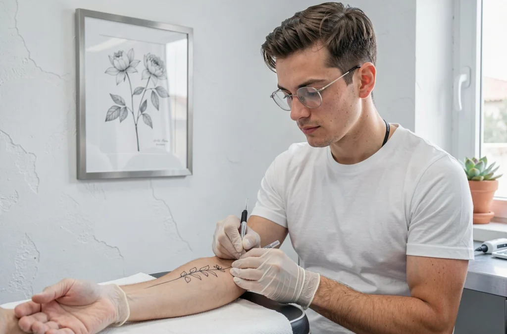 Tatoueur fineline de Paranoïa Tattoo à Toulon appliquant des lignes ultra-fines au trait unique sur l'avant-bras d'un client dans un studio épuré
