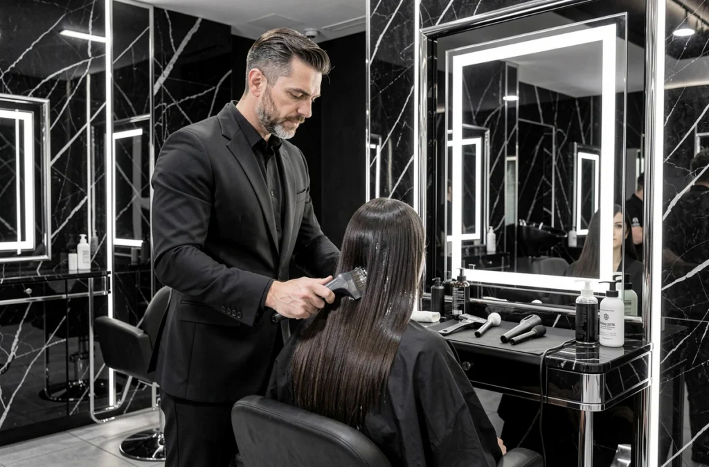 Coiffeur de Pascal Coste Montpellier réalisant un soin lustrant sur une cliente dans un salon haut de gamme aux finitions marbre et chrome