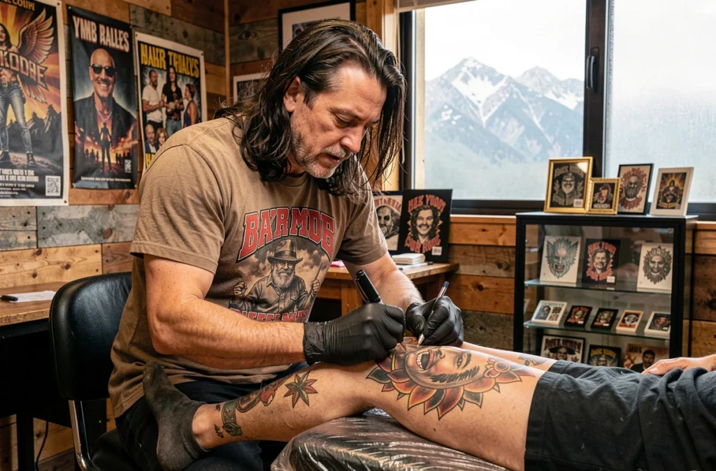 Tatoueur de Santa Disaster Tattoo à Gap travaillant sur un tatouage traditionnel audacieux dans un studio au style rock inspiré des Alpes