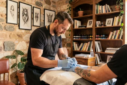 Tatoueur professionnel au travail dans un studio de tatouage provençal avec des murs en pierre apparente et une décoration artistique