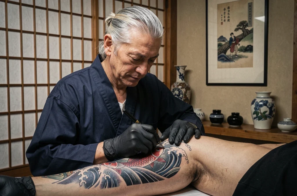 Tatoueur japonisant de Tribal Act à Aix-en-Provence appliquant des motifs de carpe koï traditionnels dans un studio à l'esthétique japonaise raffinée