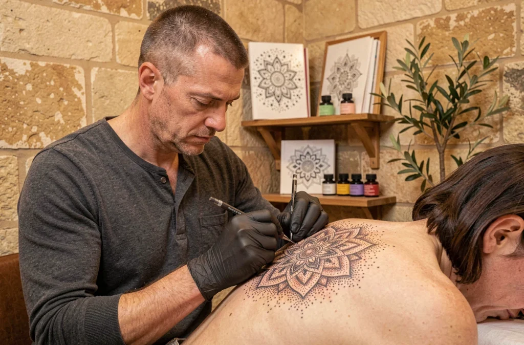 Tatoueur dotwork d'Utopia Tattoo à Avignon réalisant un mandala en pointillés dense sur le dos d'un client dans un studio aux murs en calcaire provençal