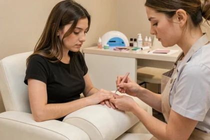 Pose américaine en institut : technicienne appliquant un gel nude sur les ongles d'une cliente dans un salon moderne et soigné